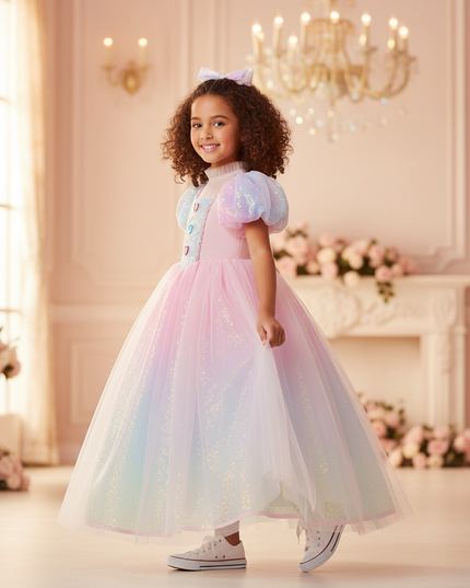 pink rainbow unicorn ball gown dress - three-quarter