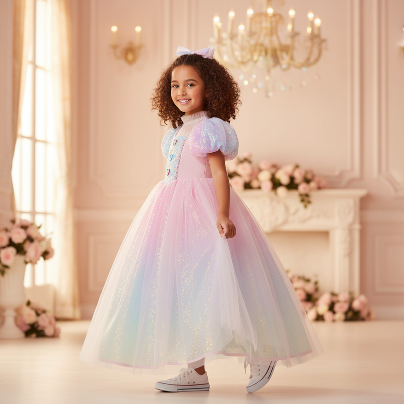 pink rainbow unicorn ball gown dress - three-quarter