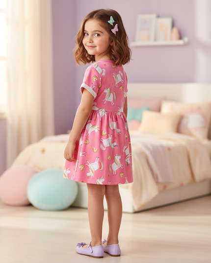 pink rainbow unicorn print tunic dress - back