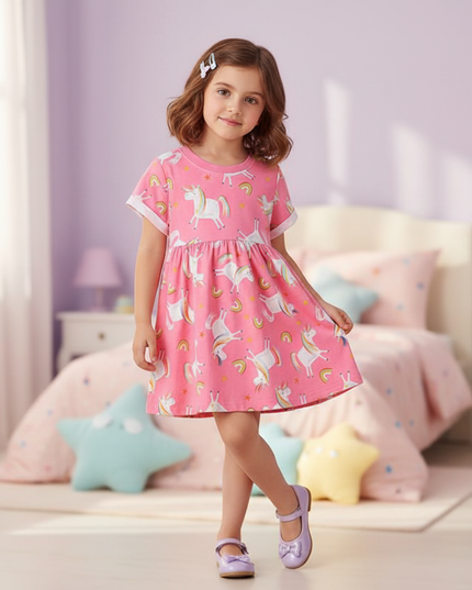 pink rainbow unicorn print tunic dress - front