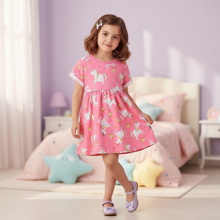 pink rainbow unicorn print tunic dress - front