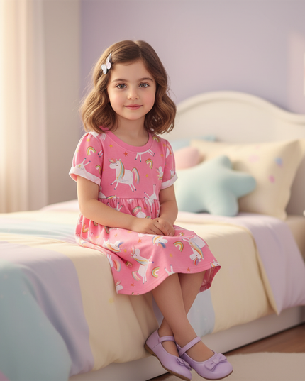 pink rainbow unicorn print tunic dress - sitting