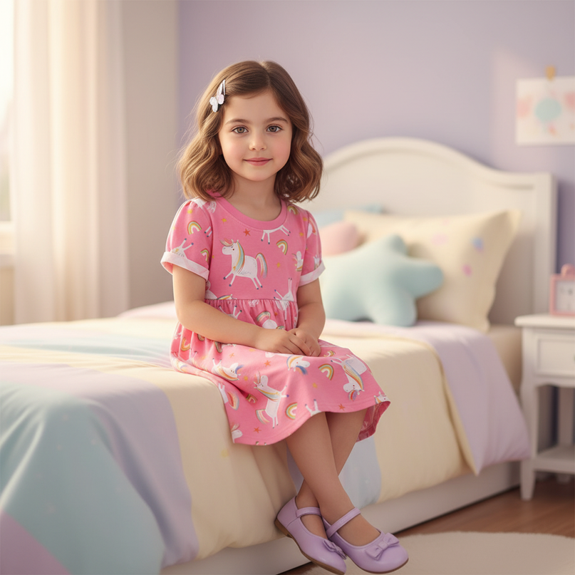 pink rainbow unicorn print tunic dress - sitting