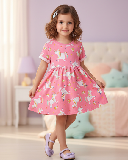 pink rainbow unicorn print tunic dress - three-quarter