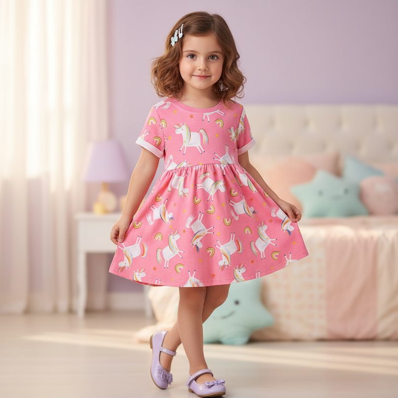 pink rainbow unicorn print tunic dress - three-quarter