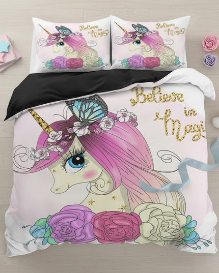 pink rose butterfly unicorn bedding - flat-lay