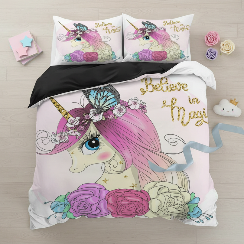 pink rose butterfly unicorn bedding - flat-lay