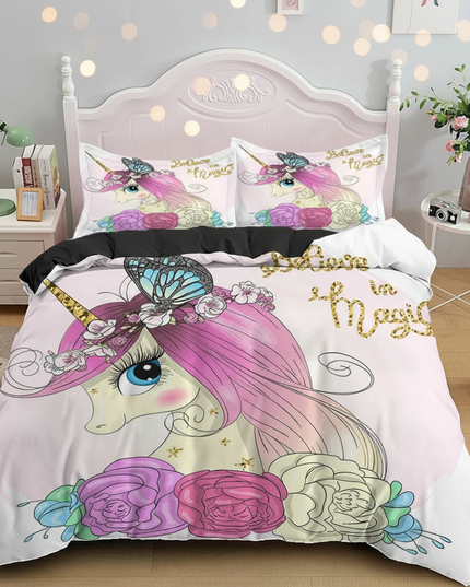 pink rose butterfly unicorn bedding - lifestyle