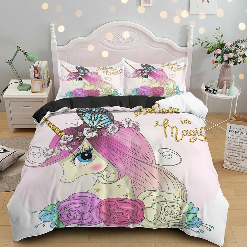 pink rose butterfly unicorn bedding - lifestyle