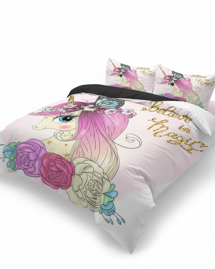 pink rose butterfly unicorn bedding - white-bg