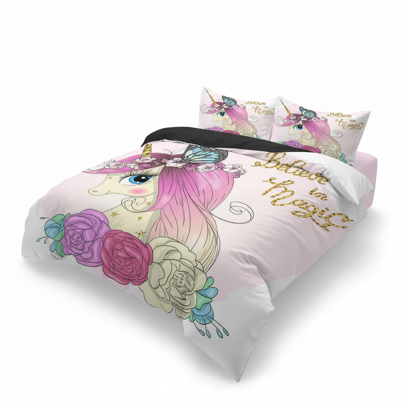 pink rose butterfly unicorn bedding - white-bg