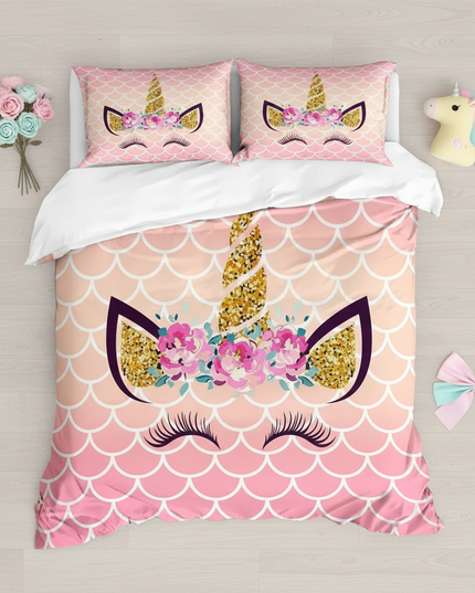 pink scale unicorn bedding - flat-lay