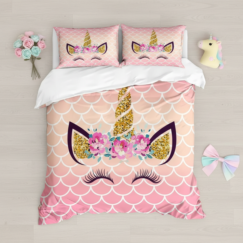 pink scale unicorn bedding - flat-lay
