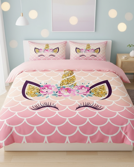 pink scale unicorn bedding - lifestyle