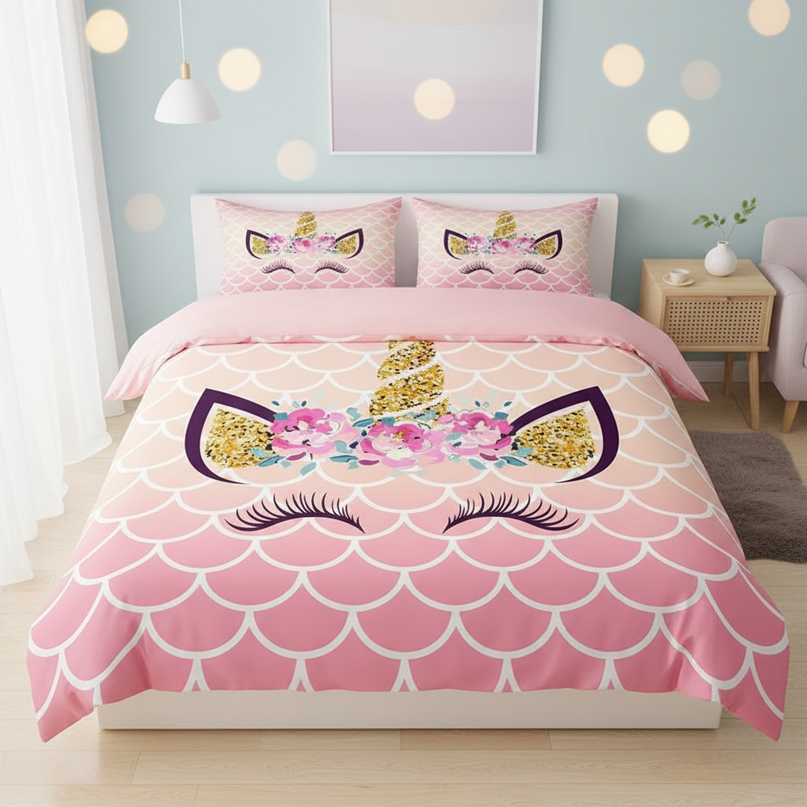 pink scale unicorn bedding - lifestyle