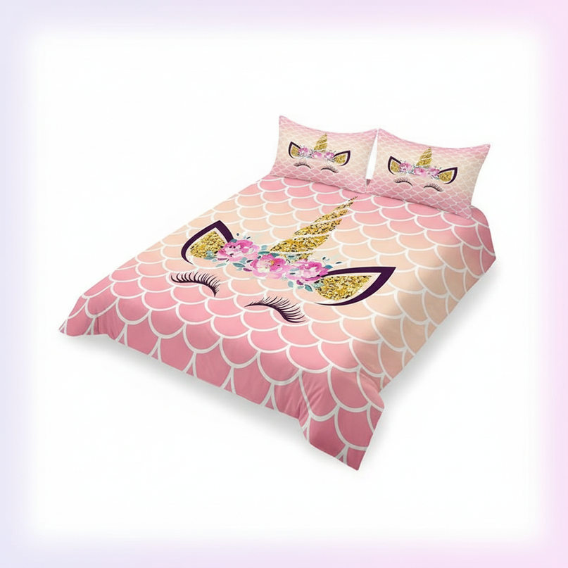pink scale unicorn bedding - white-bg