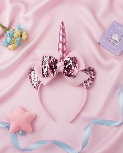 pink sequin unicorn headband - flat-lay