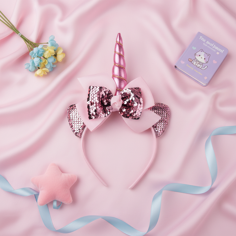 pink sequin unicorn headband - flat-lay