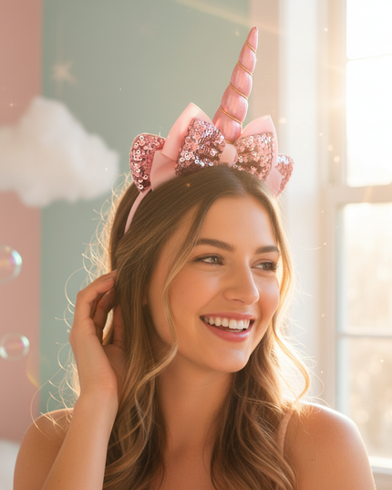 pink sequin unicorn headband - in-use