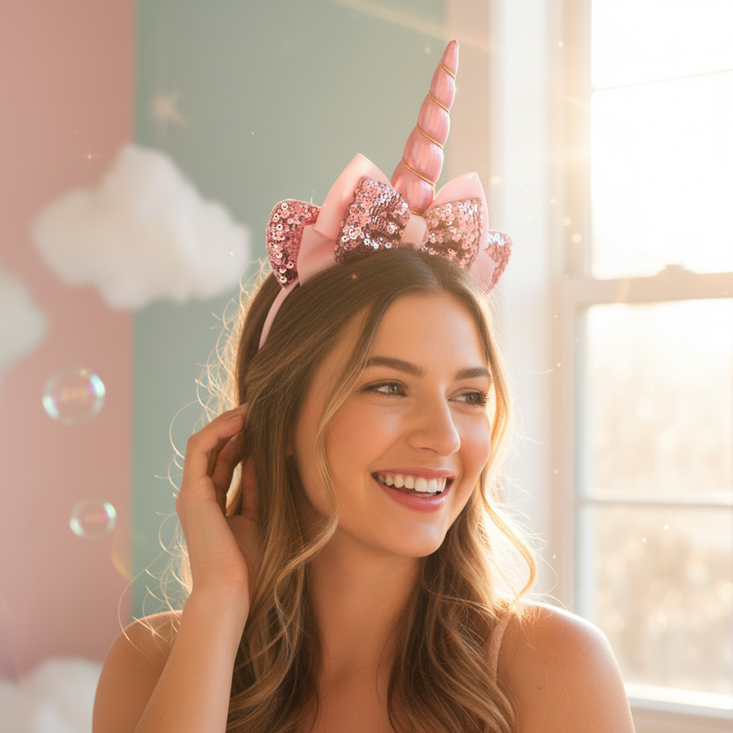 pink sequin unicorn headband - in-use
