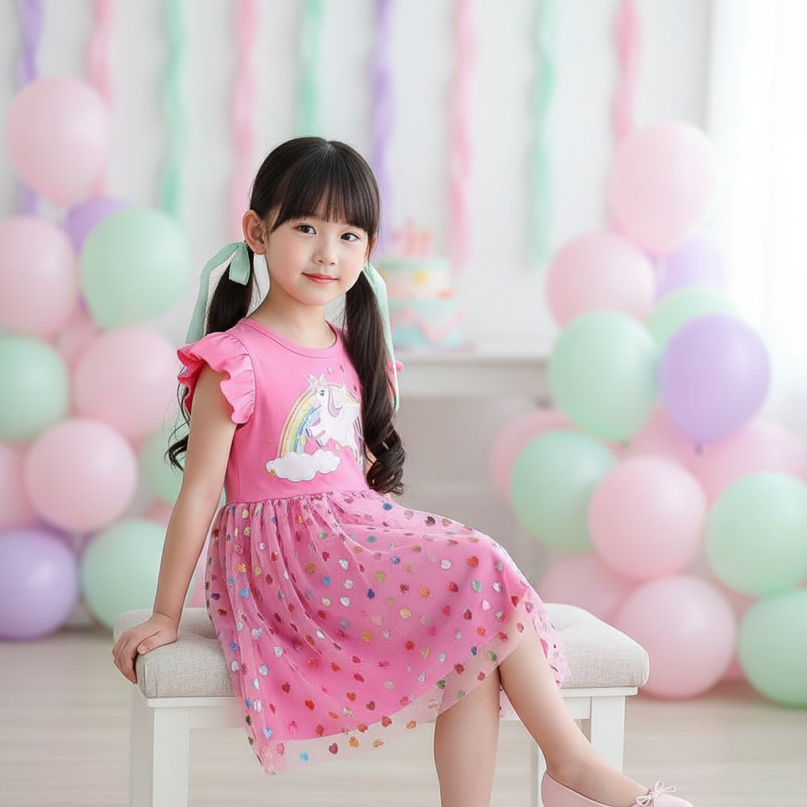 pink sequin unicorn heart dress - sitting