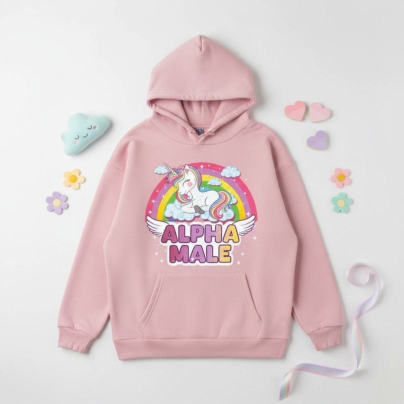 pink sleeping alpha male hoodie - flat-lay