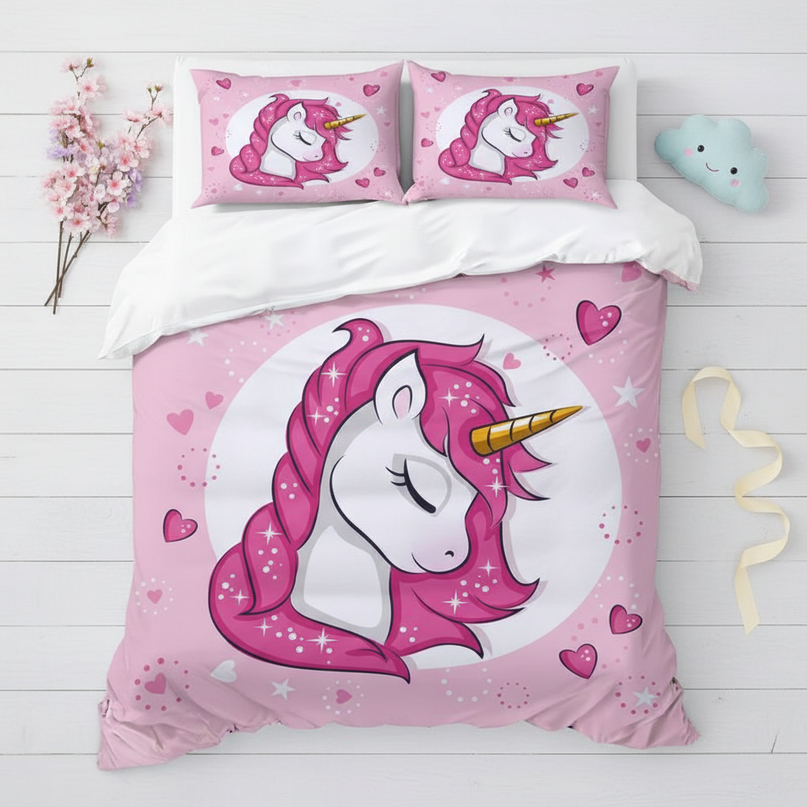 pink sleeping heart unicorn bedding - flat-lay
