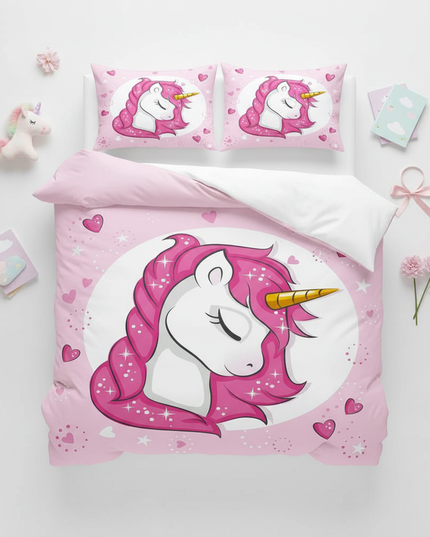 pink sparkle sleeping unicorn bedding - flat-lay