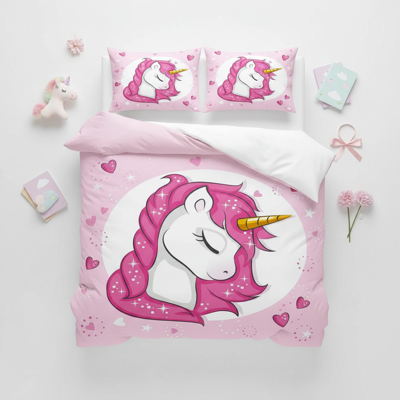 pink sparkle sleeping unicorn bedding - flat-lay
