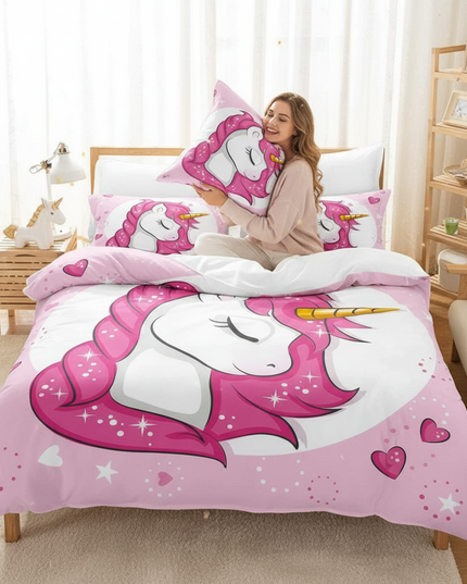 pink sparkle sleeping unicorn bedding - in-use