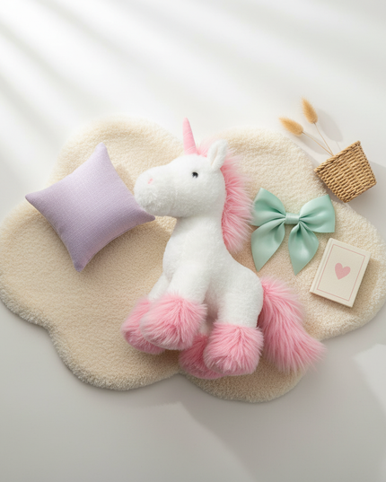 pink standing unicorn plush - flat-lay