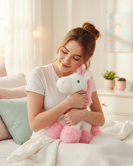 pink standing unicorn plush - in-use