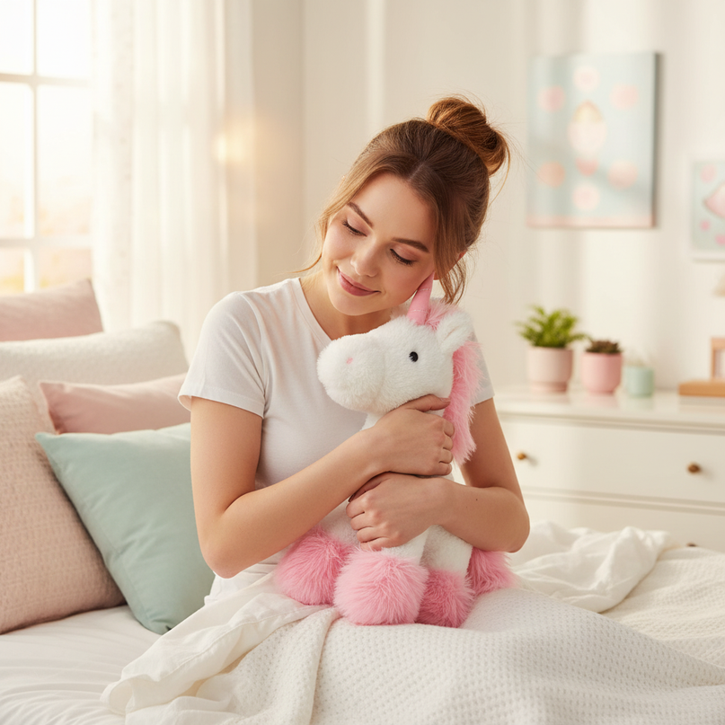 pink standing unicorn plush - in-use