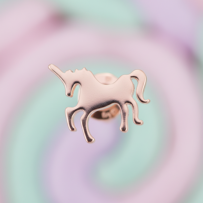 pink steel unicorn earrings - detail