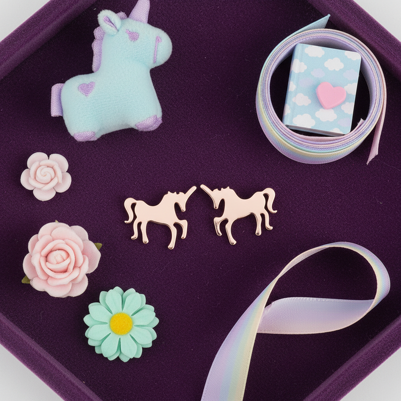 pink steel unicorn earrings - flat-lay