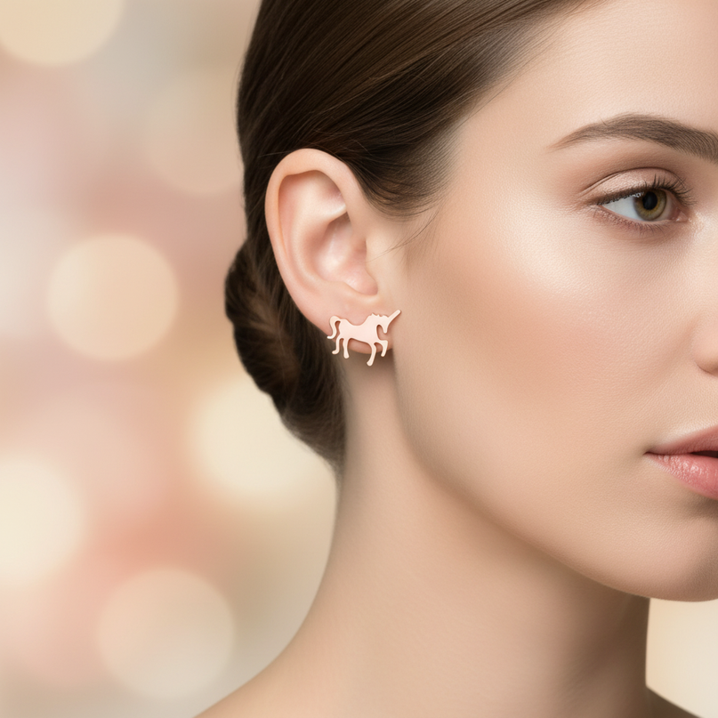 pink steel unicorn earrings - in-use