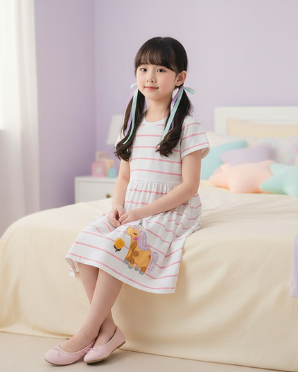 pink striped unicorn dress - sitting