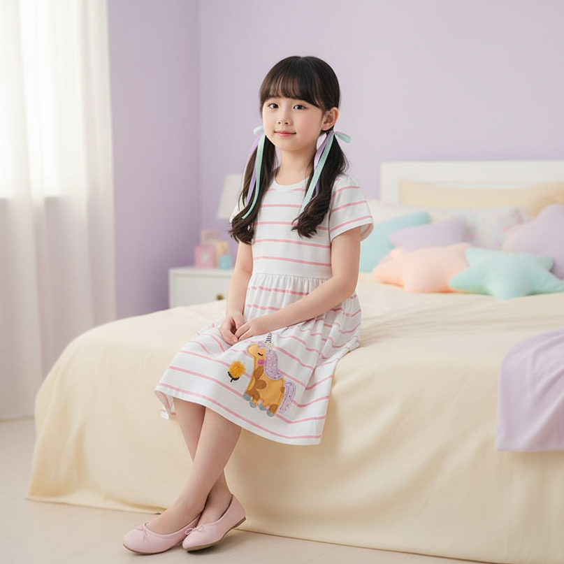 pink striped unicorn dress - sitting