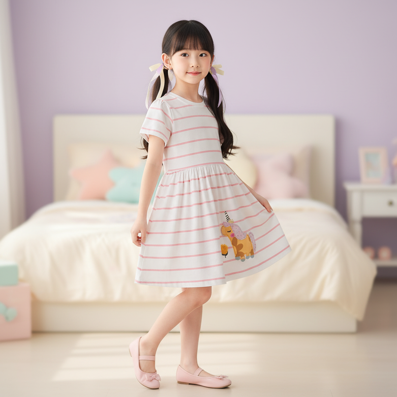 pink striped unicorn dress - three-quarter