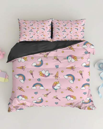 pink sweet treat unicorn bedding - flat-lay