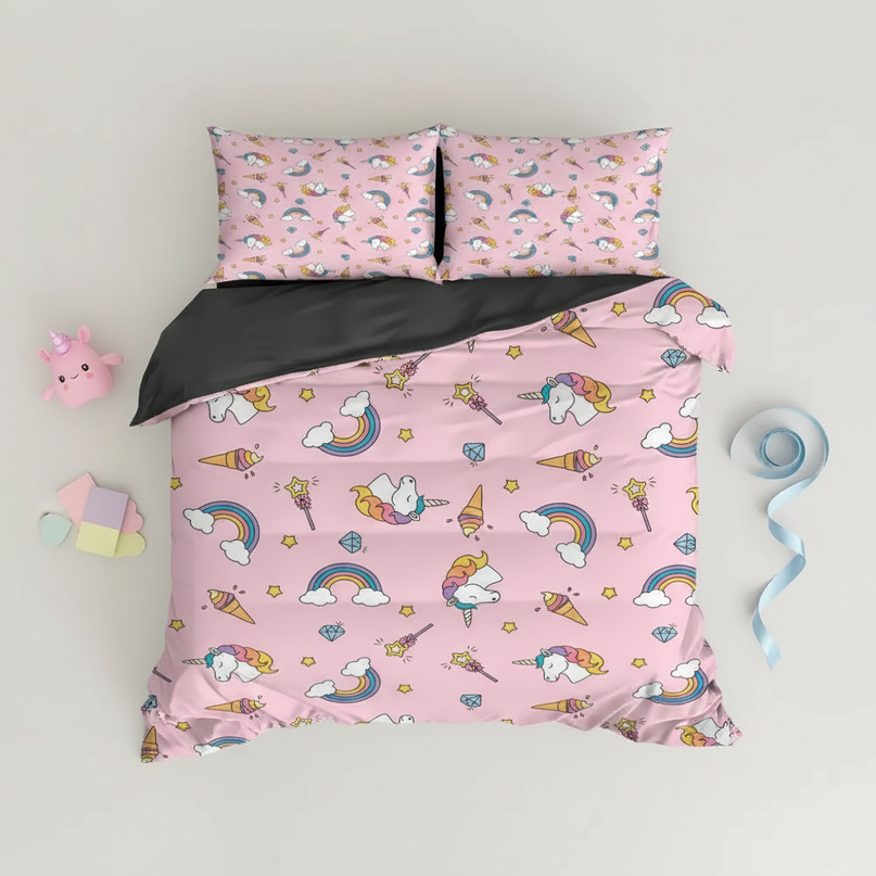 pink sweet treat unicorn bedding - flat-lay