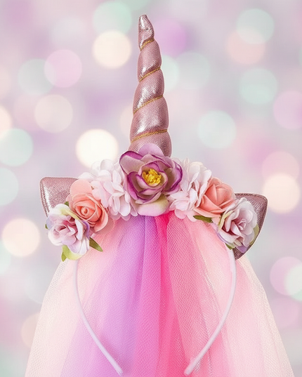 pink tulle unicorn headband veil - detail