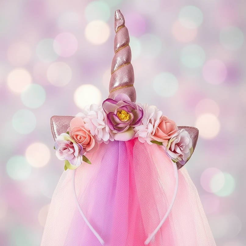 pink tulle unicorn headband veil - detail