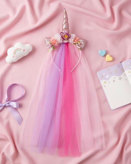 pink tulle unicorn headband veil - flat-lay