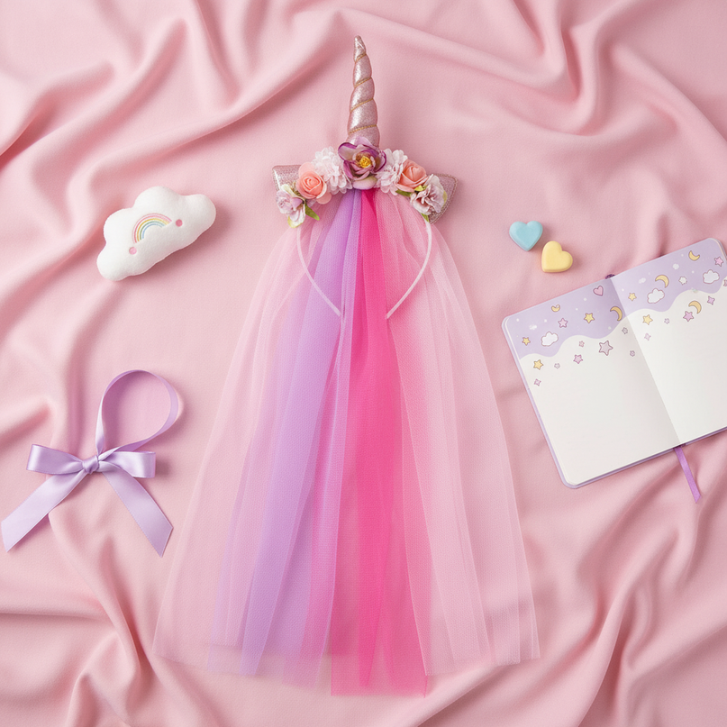 pink tulle unicorn headband veil - flat-lay