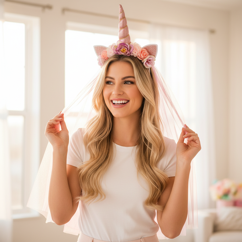 pink tulle unicorn headband veil - in-use