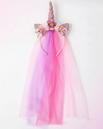 pink tulle unicorn headband veil - white-bg