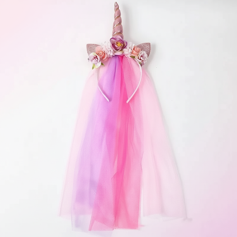 pink tulle unicorn headband veil - white-bg