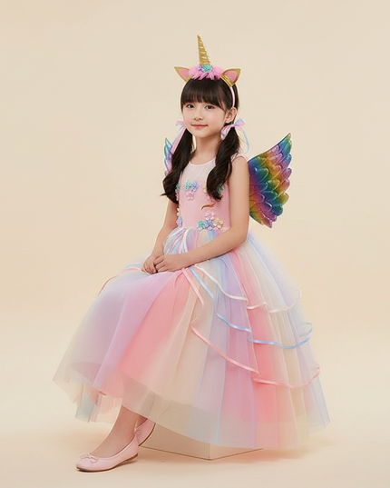 pink unicorn 3 piece dress set - sitting