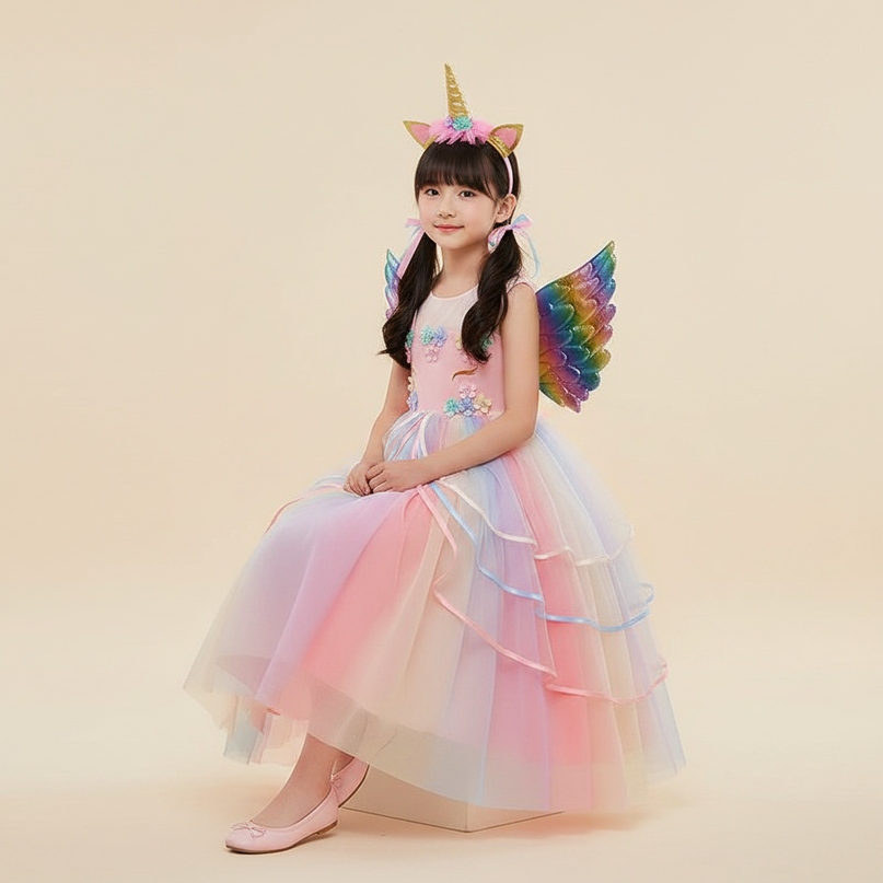 pink unicorn 3 piece dress set - sitting
